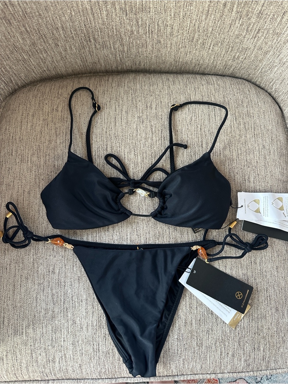 Vix Paula Hermanny Women’s String Bikini Set with Gold Accents size Large NWT. - Picture 2 of 13